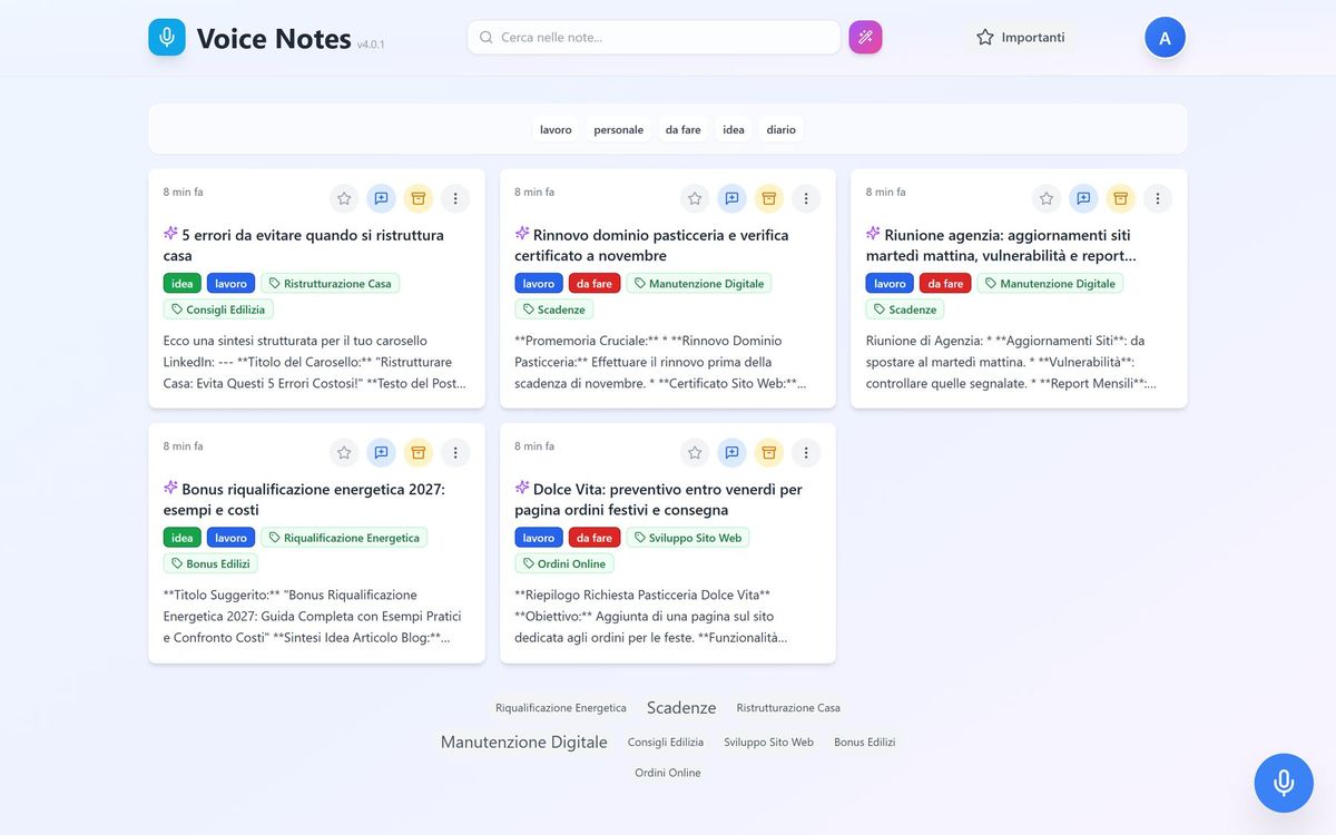Schermata di VoiceNote: Parli, e le tue idee si organizzano da sole.